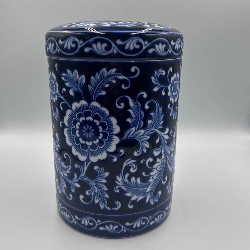 Pier 1 Mandarin Blue and White Floral Porcelain Canister with Lid 9.5"